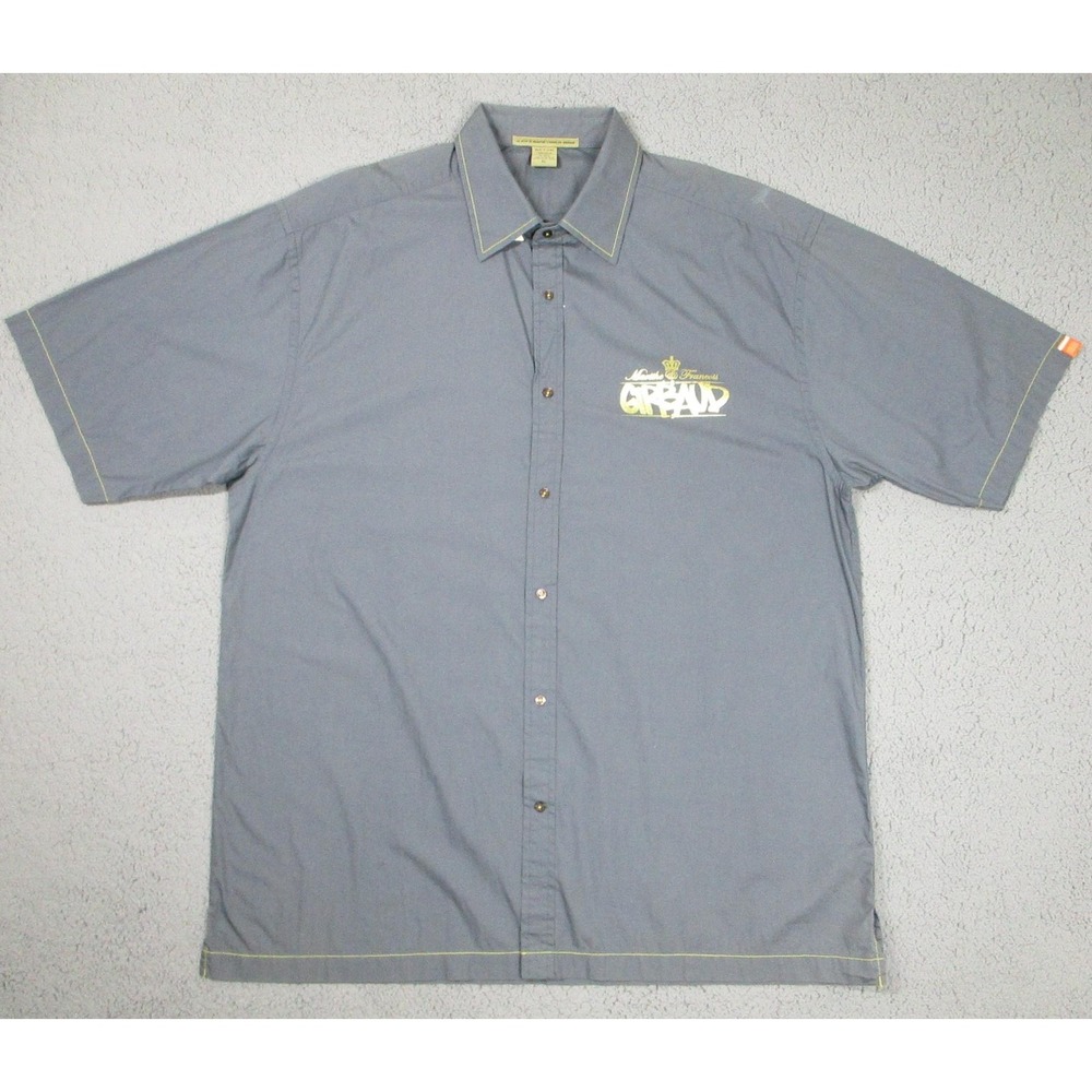 Marithe Francois Girbaud Shirt Mens XL Gray Graphic Button Up Short Sleeve Logo
